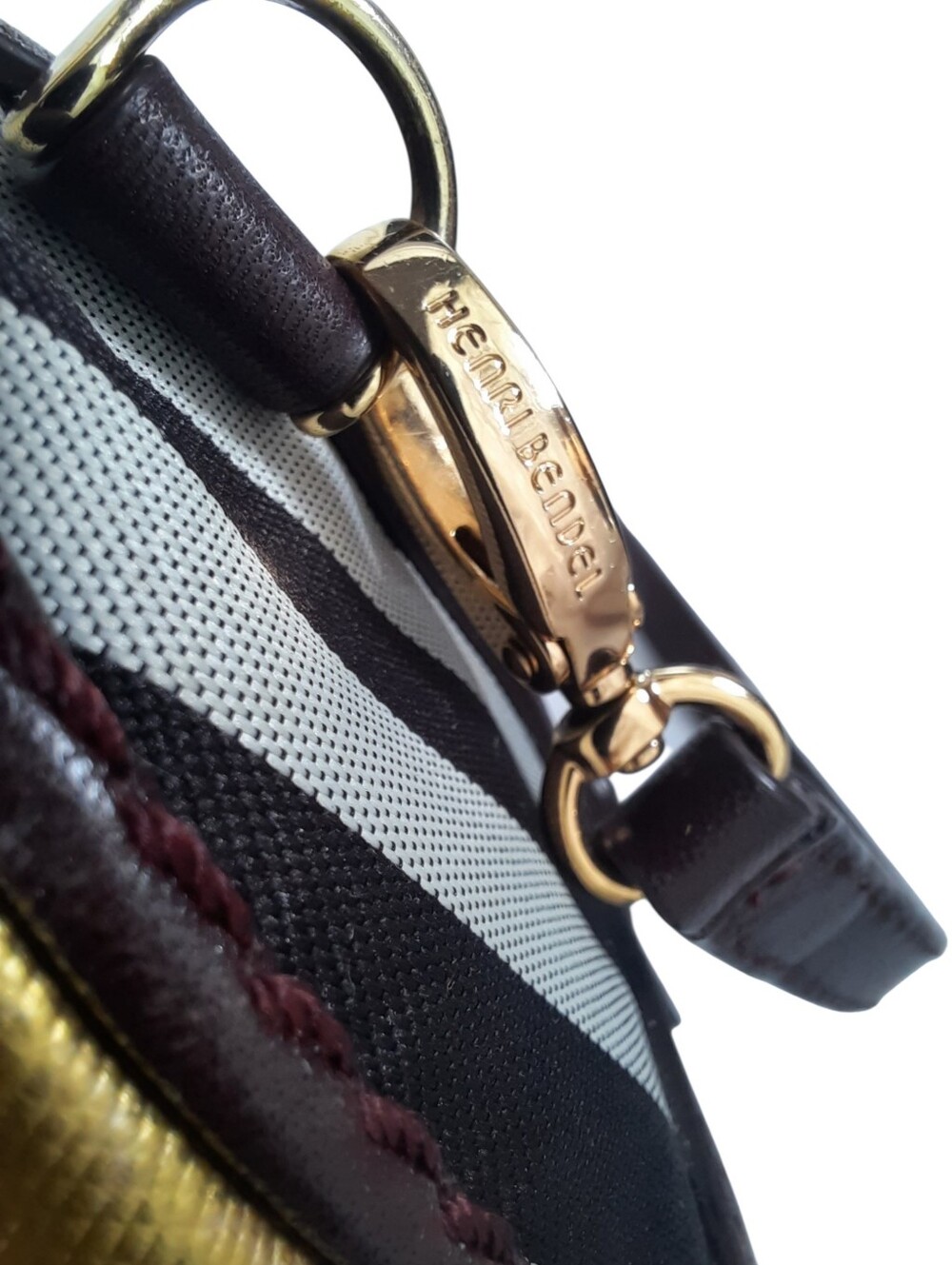 HENRI BENDEL Steampunk Studded Satchel Crossbody Barrel Bag Hold Plum Striped - Picture 5 of 11